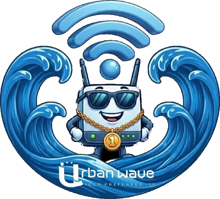 UrbanWave's friendly router mascot riding blue waves